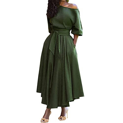 Sommerkleid Damen Knielang Petticoat Kleid Kleider festlich Damen Schräge Schulterkragen Halben Ärmeln Einfarbig...