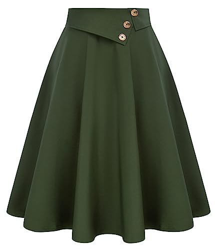 Belle Poque Tea Party Rock für Frauen Klassische 50er Jahre Retro Rockabilly Rock mit Taschen Armeegrün BP0758-02 L