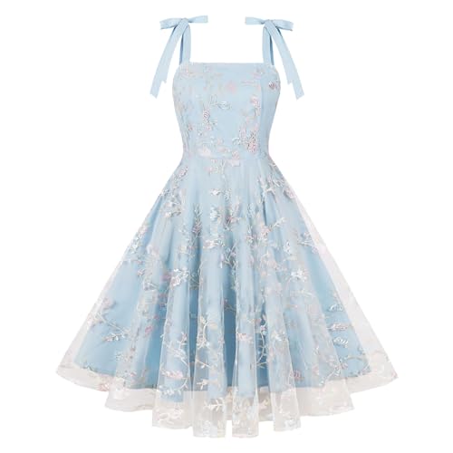 Odizli Rockabilly Kleider Damen 50er Jahre Vintage Elegant Sommer Spaghettiträger Mesh Blume Stickerei Swing A-Linie...