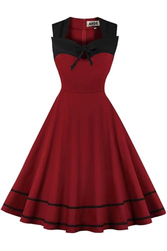 AXOE Damen Partykleid Einfarbig Swing Kleid 50er Jahre A Linie Ärmellos Weinrot Gr.40-42, L