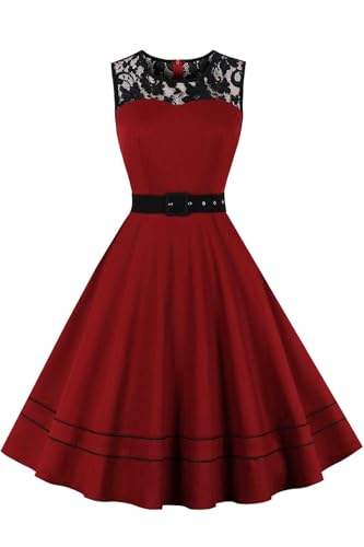 AXOE Damen Rockabilly Kleid 50er Jahre Vintage A-Linie Festlich & Alltag mit Spitze & Gürtel für Hochzeit Sommer...