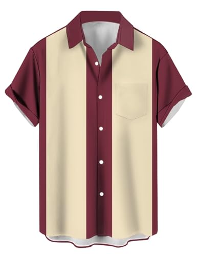 Bowling-Shirts für Herren, Vintage-Stil, 1950er-Jahre, lässig, kurzärmelig, Knopfleiste, kontrastierendes Hemd,...