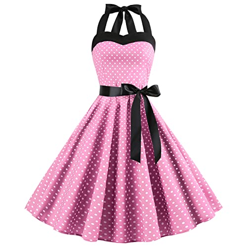 IMEKIS Damen Vintage Cocktailkleid ?rmellos Neckholder 1950er Polka Dots Retro Rockabilly Swing Kleid A Linie Faltenrock...