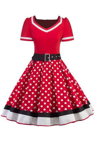 AXOE Damen 50er Jahre Kleider Rockabilly Petticoat Vintage mit Gürtel Rot Weiß Gepunktet, Gr.38, M