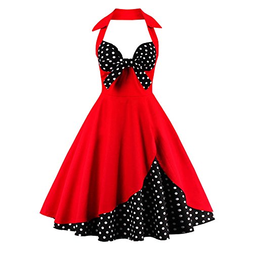 IWEMEK Damen Halter Vintage 1950er Rockabilly Retro Kleider Elegantes 50er Pinup Hepburn-Stil Swing Neckholder Knielang...