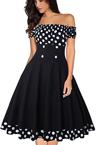 AXOE Damen Schulterfrei Kleid Retro 50er Jahre Off-Shoulder A-Linie mit Kontrastpunkten Rockabilly Cocktailkleid Kurzarm...