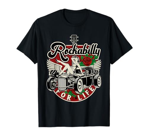 Rock 'N' Roll Kleidung u. Geschenke für Rockabilly - Vintage 50s RnR Design - Rockabilly for Life T-Shirt - Schwarz -...