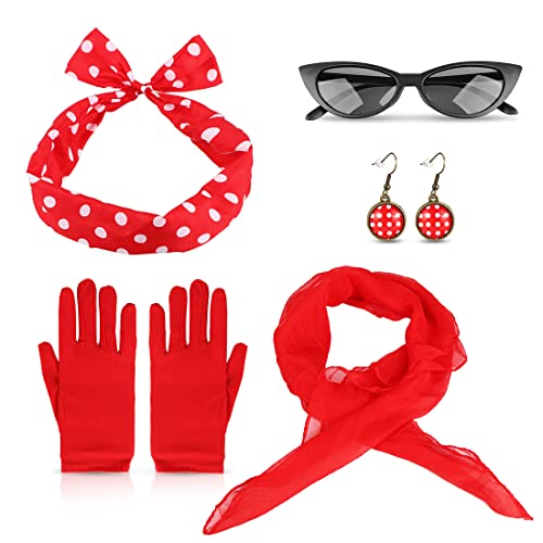 Aurasky Rockabilly Accessoires 50er Jahre, Kostüm Damen Zubehör Rot, Kleidung Vintage Zubehör 60er mit Stirnband...