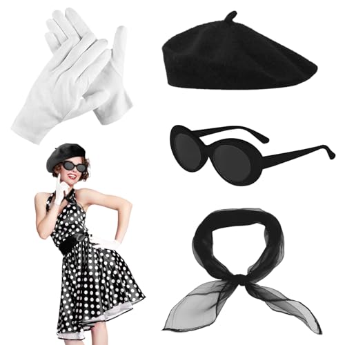FUIPVGI 4 Stück Rockabilly Accessoires Damen, 50er Jahre Vintage Zubehör Set, 1950s Kostüm Set mit Schwarz...
