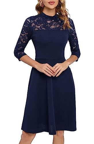 HOMEYEE Damen Elegant Spitze 3/4 Ärmel Rockabilly Kleid Retro Knielang Cocktailkleid für Hochzeit A368 (S, Marineblau)