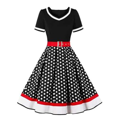 XDGBGFN Rockebillykleider Kleid Mode 60er Jahre Damen Vintage V-Ausschnitt Polka Dot Kleid für 50er Rockstil Kostüm...