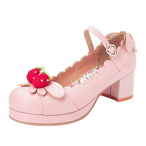 Mary Jane Damenschuhe Pumps mit Blockabsatz und Riemchen Plateau 5cm Absatz Rockabilly Schuhe(Pink,41)