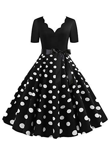 EFOFEI Damen Weihnachten Kleider Langarm Petticoat Kleid Lange Ärmel Ballkleid Cocktail Partykleid Polka Dot Schwarz...