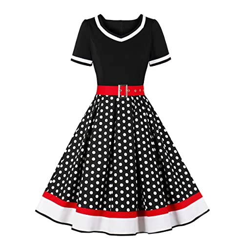 Rockabilly Kleider Damen 50er Jahre Petticoat Kleid Vintage Audrey Hepburn Kurzarm V-Ausschnitt Polka Dot Swing...