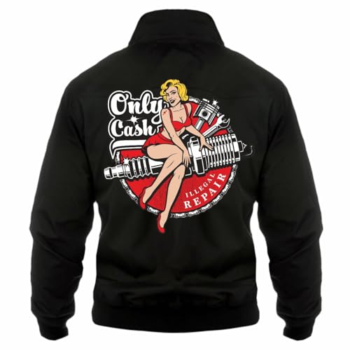 Männer Herren Harrington Jacke Rockn Roll Motiv only cash Rockabilly Mechaniker