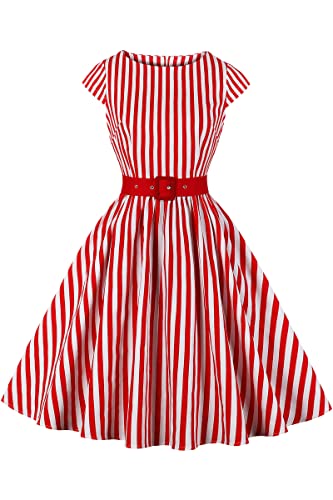 AXOE Damen Rockabilly Kleider 50er Jahre Baumwolle Gürtel Rot Gestreift Weiß, Gr.44, XXL