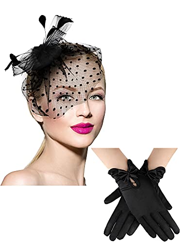 Geyoga 50er Jahre Damen Fascinator Hut Spitzen Handschuh (Schicker Stil)