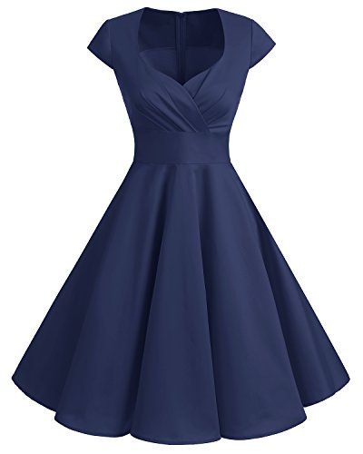 bbonlinedress 1950er Vintage Retro Cocktailkleid Rockabilly V-Ausschnitt Faltenrock Navy S