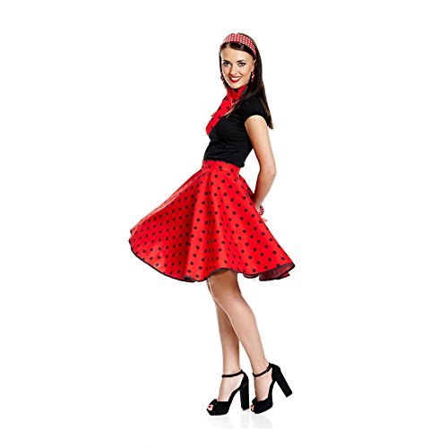 Kostümplanet 50er Jahre Rock-n Roll Rock Damen Kostüm Rockabilly Stil Mode Outfit rot schwarz Gepunkteter Tellerrock...