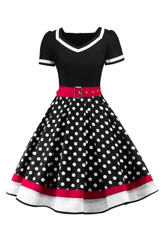 AXOE Damen 50er Jahre Kleider Rockabilly Petticoat Vintage mit Gürtel Schwarz Weiß Gepunktet, Gr.36, S