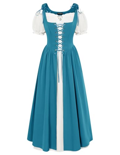 SCARLET DARKNESS Damen Ren Faire Faschingskleid Rockabilly mit Taschen Wikinger Medieval Dress Blau XXL