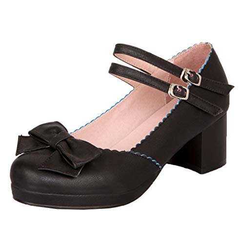 MISSUIT Damen Chunky Heels Pumps Mary Jane Blockabsatz mit Riemchen und Schleife Rockabilly Schuhe(Schwarz,40)