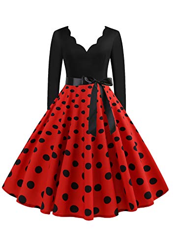 EFOFEI Damen Dot Einfarbig Rockabilly Kleid Weihnachten Kleider Kurzarm Petticoat Lange Ärmel Ballkleid Rot L