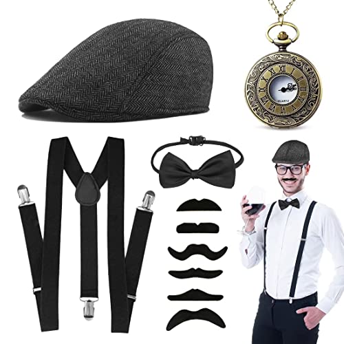 Aurasky 20er Jahre Herren Accessoires, Mafia Kostüm Zubehör Herren, 20er Outfit mit Gangster Hut Hosenträger...