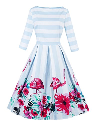 VKStar Damen 50er Jahre Rockabilly Stoffdruck Kleid Festliches Kleid Petticoat Kleid ohne Gürtel Hellblau+Ärmel 3XL