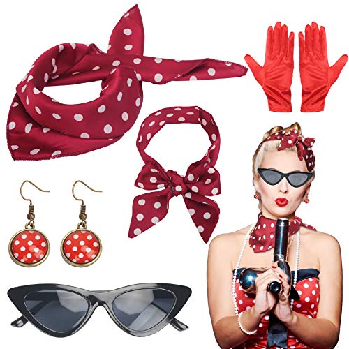 LOPOTIN 5TLG 50er Jahre Accessoires Rockabilly Damen Kleider 60er Jahre Kleidung Zubehör 1950s Kostüm Set mit Chiffon...