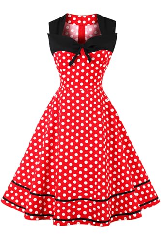 AXOE Damen 60er Jahre Polka Dot Retro Vintage Rockabilly Kleider Abendkleider Elegant für Hochzeit Rot Gr.42, XL