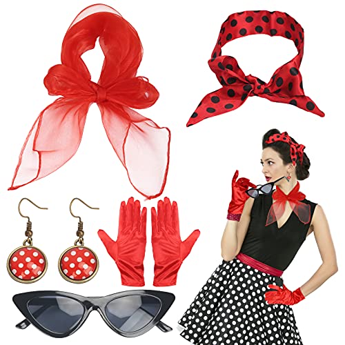 LOPOTIN 5TLG Rockabilly Accessoires 50er Jahre Damen Kleid Zubehör 1950s Kostüm Set mit Chiffon Schal Polka Dot...