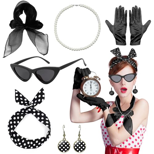NebulaGlam 50er Jahre Accessoires Damen, 8 Stück Rockabilly Accessoires Damen für Karneval, 1950s Kostüm Set mit...