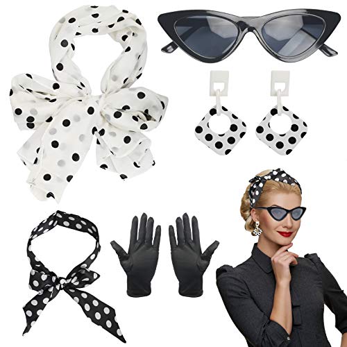 LOPOTIN 5TLG Rockabilly Accessoires Damen 50er Jahre Kleid Zubehör 60er Jahre Kleidung Set mit Chiffon Schal Polka Dot...