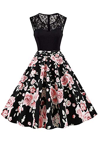 AXOE Damen Rockabilly Kleider 50er Jahre Vintage Ärmellos Schwarz mit Rosa Blumenmuster F08, Gr.38, S