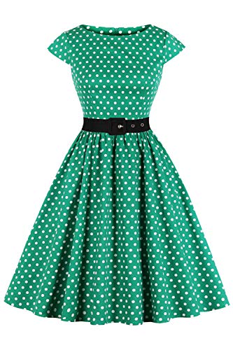 AXOE Damen Rockabilly Kleider 50er Jahre Baumwolle Gürtel Grün Hintergrund Weiß Polka Dots, Gr.44, XXL