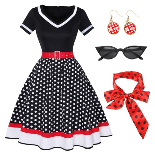 Tutukyle 50er Vintage Rockabilly Kleider Damen Kurzarm V-Ausschnitt Polka Dot Swing Coctailkleid mit Brille Polka Dot...